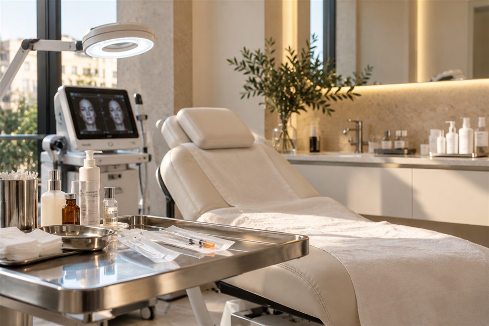 Cabina de una clínica estética con camilla, aparatología y productos de cuidado