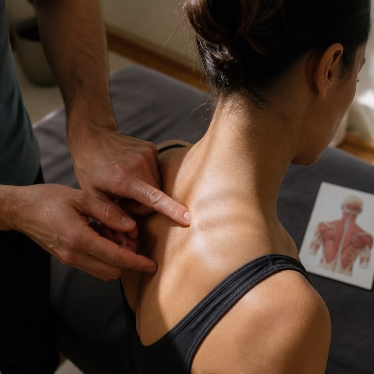 Fisioterapeuta tratando la zona del cuello y el hombro de una paciente